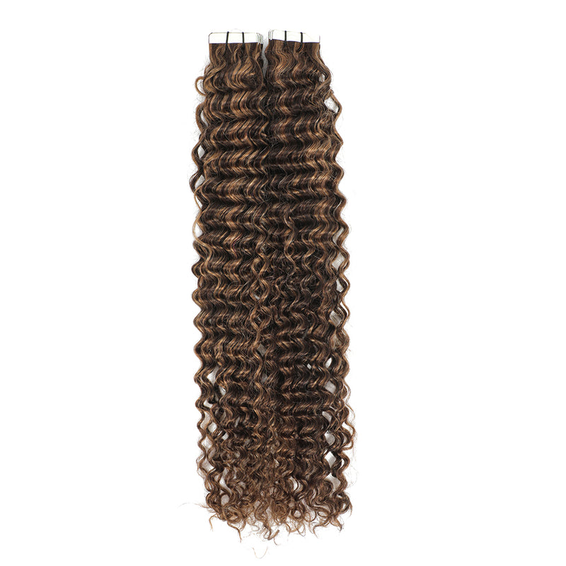 Curly Tape Human Hair Extensions  #2/10 Dark Brown & Caramel Lowlights