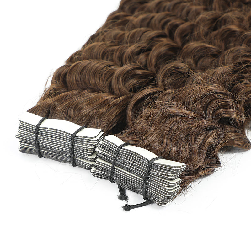 Curly Tape Human Hair Extensions  #4 Chestnut Brown