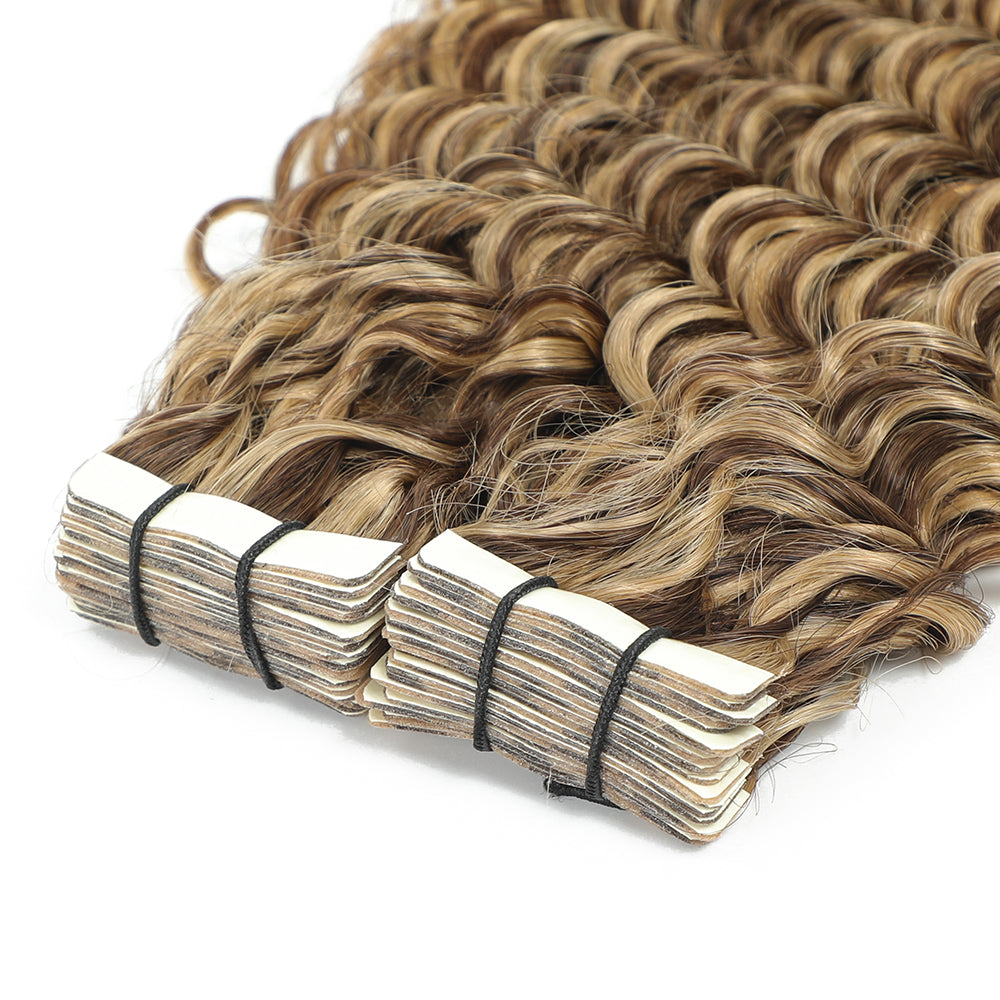 Curly Tape Hair Extensions  #4/27 Chestnut Brown & Bronzed Blonde Highlights