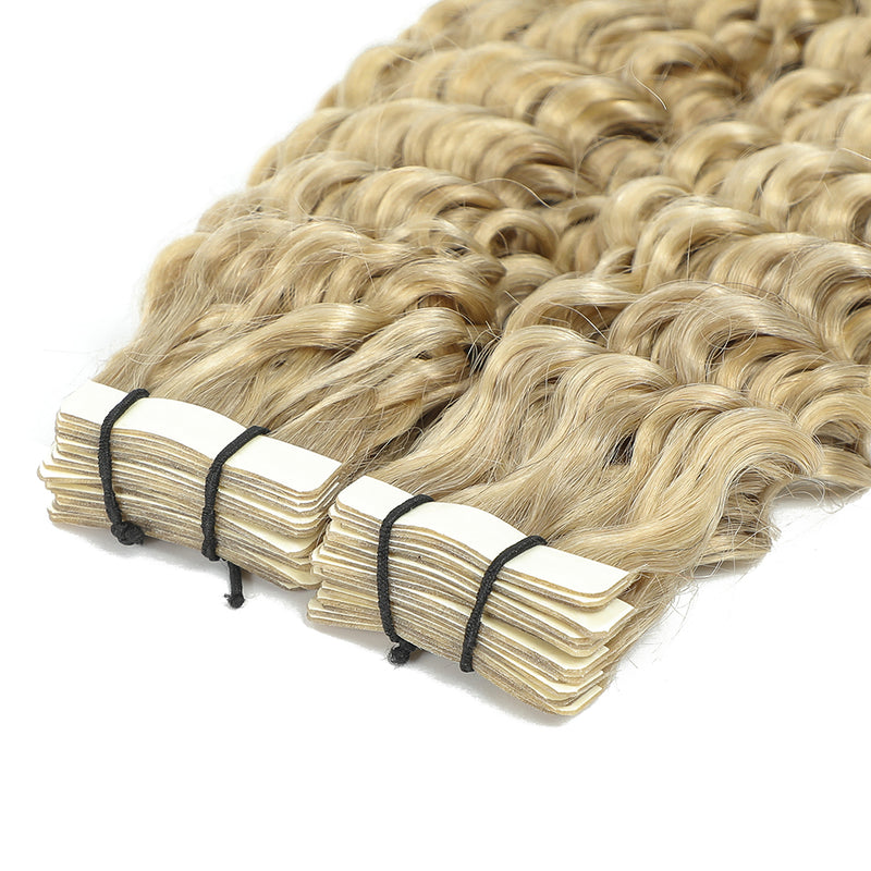 Curly Tape Human Hair Extensions  #18a/60 Ash & Platinum Blonde Highlights