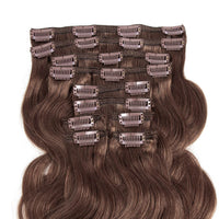 Clip In Hair Extensions Wavy Human Hair Extensions #4 Chestnut Brown 22”